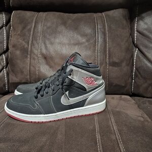 Nike Jordan 1 Men's Mid Sneakers - Black & Grey with Red Accents